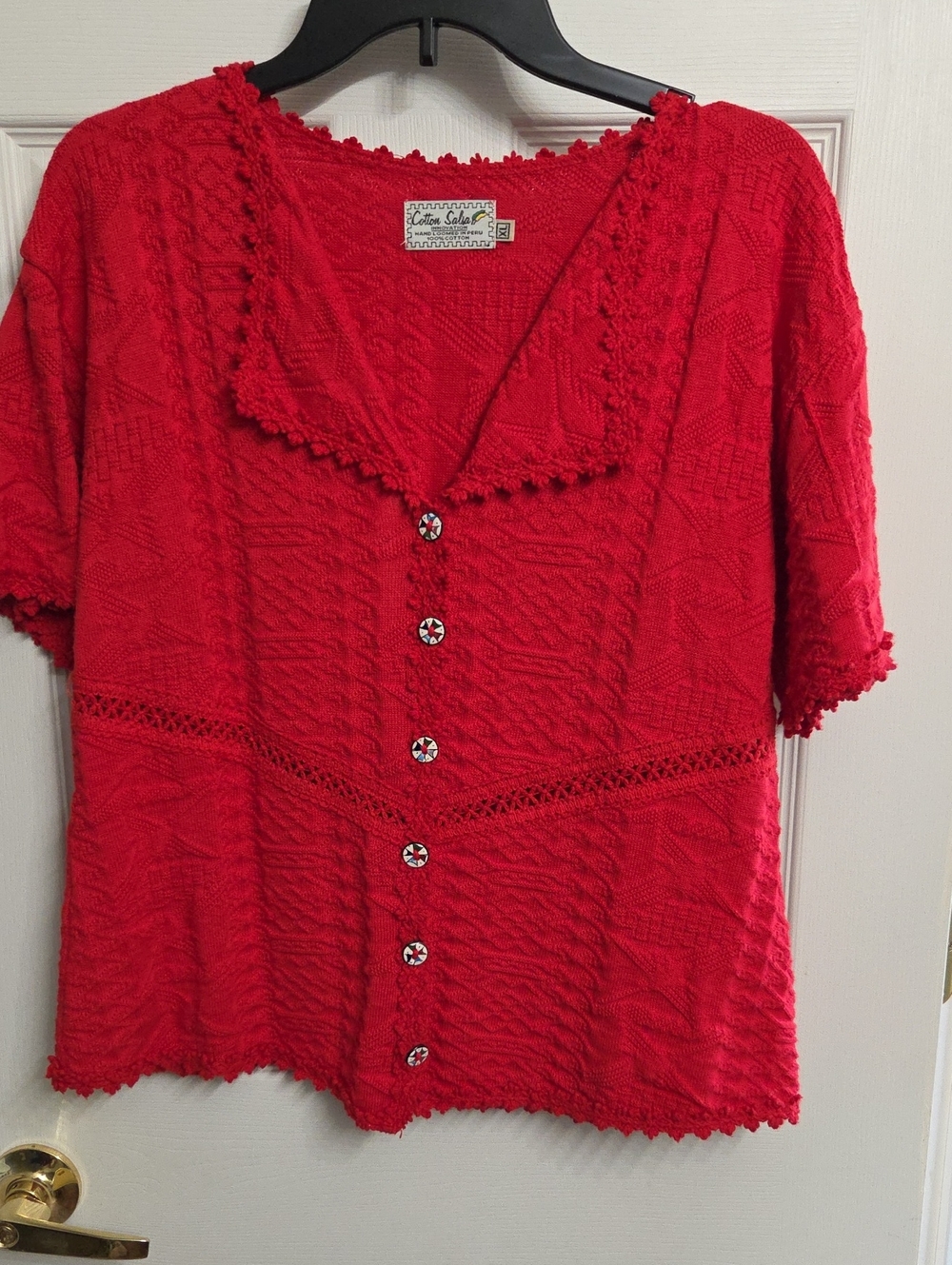 Red Textured Button-Front Knit Top